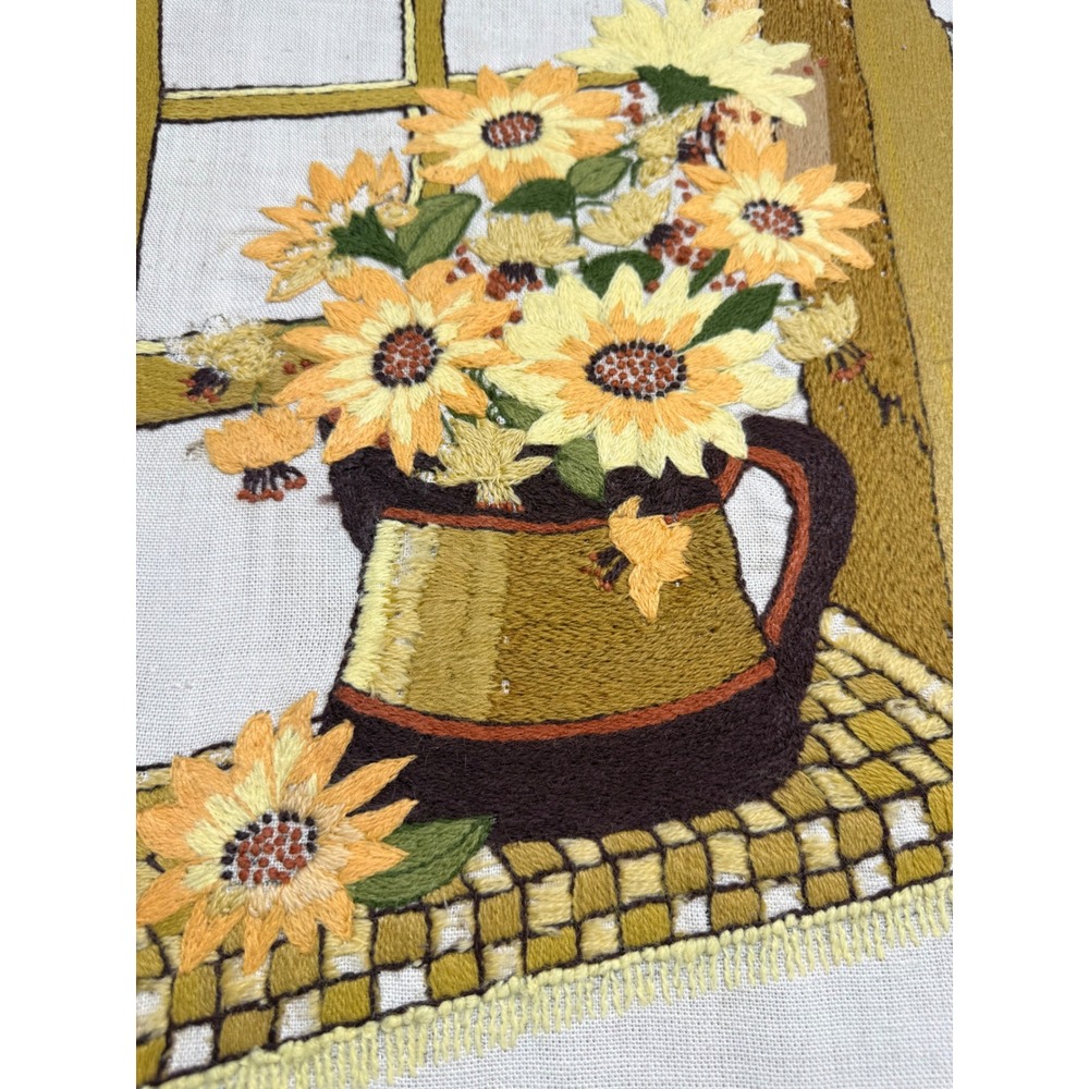 Vintage 70s Crewel Needlepoint Sunflower Floral Wall Art Framed Farmhouse Boho - Picture 3 of 16